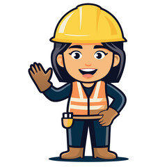 Friendly Female Construction Worker Cartoon Character Welcoming with a Wave Confidently Wearing a Safety Helmet and Gear Ready for Work