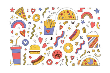 Appetizing Delight: An illustrative tableau bursting with vibrant culinary icons – pizza, burger, french fries, and more, forming an explosion of tempting flavors.