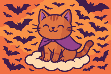 A Halloween-themed vector printable set featuring a cute cat dressed as Dracula alongside bats, with a seamless vector pattern and vector illustration