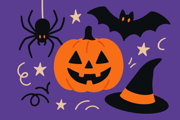 Naklejka premium Spooky Pumpkin, Bat, and Witch Hat Graphics are Featured in Halloween Essentials Clipart