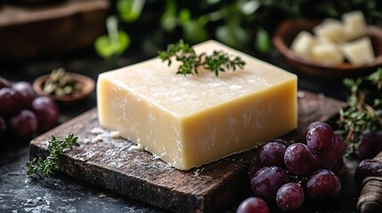 Block of aged cheese with thyme garnish on rustic wooden board with red grapes and herbs. Sharp flavor and artisanal charm. National Cheese Day celebration