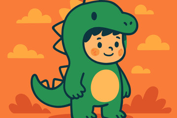 Adorable graphic depiction of a youngster dressed in a dinosaur onesie