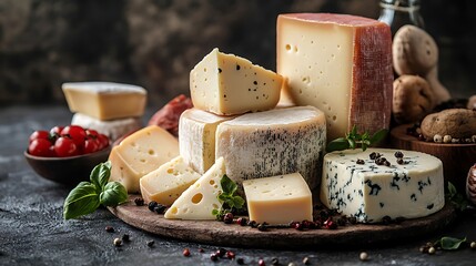 Assorted gourmet cheeses on serving board with spices, herbs and tomatoes. Elegant cheese platter display for National Cheese Day for entertaining or wine pairing
