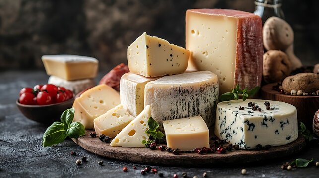 Assorted gourmet cheeses on serving board with spices, herbs and tomatoes. Elegant cheese platter display for National Cheese Day for entertaining or wine pairing