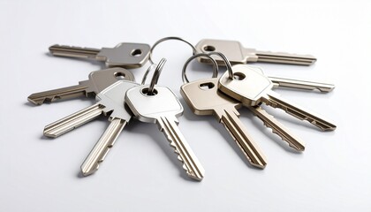 Assorted keys in various shapes and colors arranged on white background.