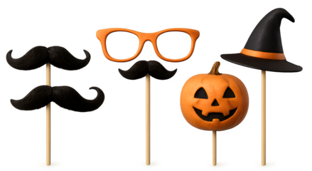 A set of Halloween themed props including a pumpkin, glasses