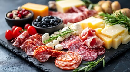 Charcuterie board with sliced cheeses, meats, olives and herbs. Classic party platter for National Cheese Day. Flavorful and festive food celebration
