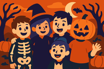 An illustration of children in Halloween attire going trick-or-treating, surrounded by carved pumpkins, flying bats, bare trees, and a full moon, with the kids dressed as a witch, ghost, and vampire