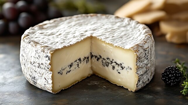 Creamy truffle cheese with soft white rind and dark truffle layer. Gourmet delicacy for food lovers. Luxurious texture and flavor. National Cheese Day indulgence - Powered by Adobe
