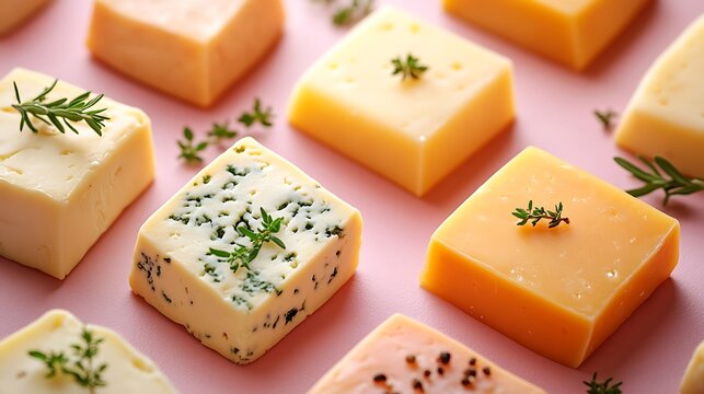 Colorful variety of cheese cubes on pink background includes herb, pepper and plain cheeses. National Cheese Day sampler - Powered by Adobe