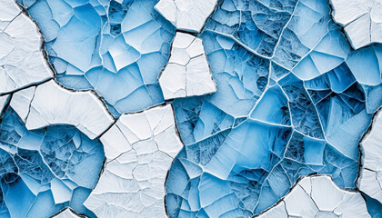 Captivating abstract close-up of fractured ice revealing intricate patterns and deep blue hues, perfect for winter themes and modern design.