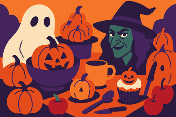 A spooky yet fun Halloween illustration featuring pumpkins, skeletons, candy, and a witch hat set against a purple backdrop suitable for kids and holiday festivities
