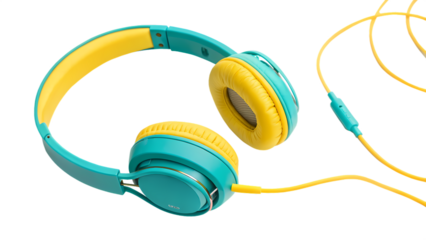 Brightly colored teal and yellow headphones with cord