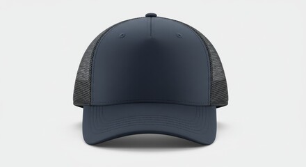 A front view of a blank dark blue trucker hat with a black mesh back on a white background.