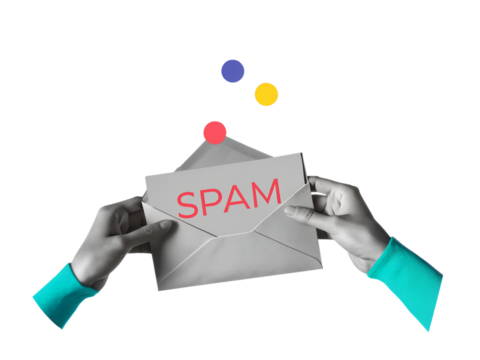 Blank and white hands holding an envelope with a stamp Spam. Modern collage style. Illustration on transparent background