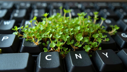 A  black computer keyboard where small green plants are sprouting from between the keys