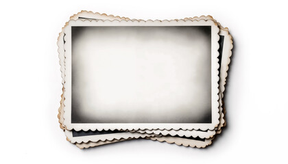 A top-down view of a stack of vintage, blank black and white photographs