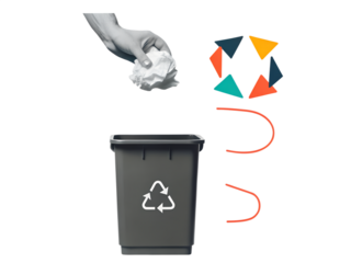 Black and white hand puts crumpled paper into trash can. Modern collage style. Illustration on transparent background