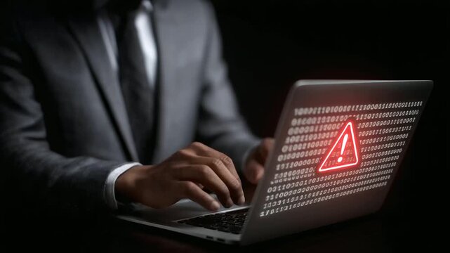 Businessman typing on laptop with red digital warning icons indicating system error or cyber threat alert cybersecurity breach, system failure, hacking alert, mal