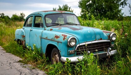 Rusted teal vintage car in overgrown field