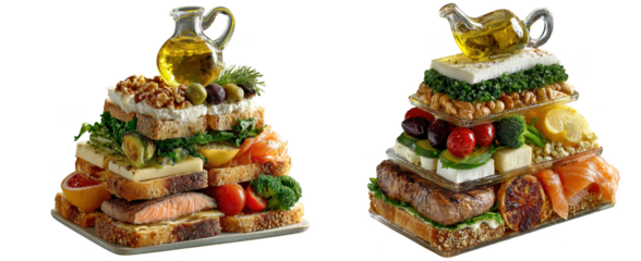 Two elaborate layered food creations with salmon, cheese, vegetables, nuts, and olives, topped with olive oil, isolated on transparent background