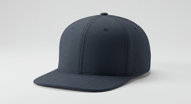 A plain dark blue baseball cap with a flat brim, isolated on a simple light gray background.