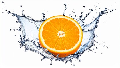 Sliced orange half splashing in water with vibrant color and dynamic freshness