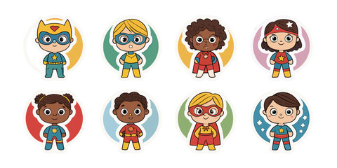 Obraz premium A vibrant illustration showcasing a diverse group of eight superhero kids in circles with different costumes and facial expressions. They embody heroism and bravery, ready to save the world.