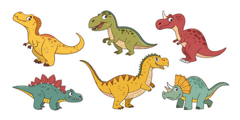 Various cute dinosaurs in different colors and poses, offering a delightful illustration. These friendly prehistoric creatures bring a touch of joy and wonder to any setting. 