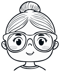 Obraz premium Cartoon Girl Portrait with Glasses and Bun Hairstyle in Outline, Coloring Page Style