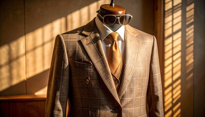 Stylish Plaid Suit on Mannequin with Tie and Sunglasses