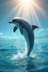 Fototapeta premium Playful bottlenose dolphin leaping out of turquoise tropical waters, water droplets frozen in midair, bright sunlight