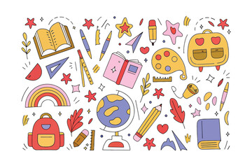 School Supplies Illustration: An overhead shot showcases a meticulously arranged collection of essential school supplies, meticulously designed with vibrant colors.