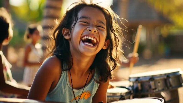 Joyful Girl Playing Drums in a Vibrant Outdoor Setting with Friends and Bright Sunshine