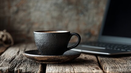Savoring a warm cup of coffee while working diligently on a laptop at a rustic wooden desk