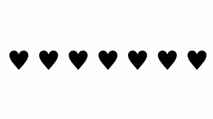 A row of seven black hearts on a white background