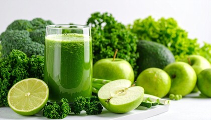 Green juice with apples, cucumbers, broccoli, kale, and lettuce arranged on surface