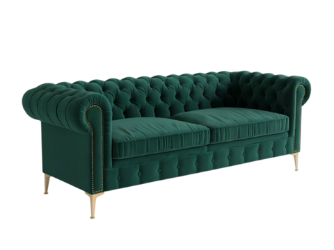 Elegant emerald green velvet chesterfield sofa with tufted details isolated on transparent background for luxurious interior design