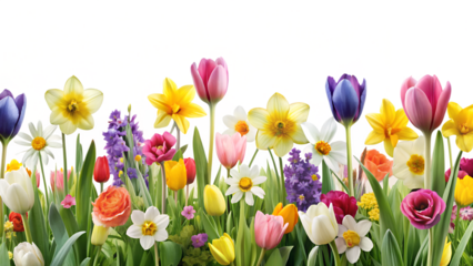 Beautiful spring flower arrangement with tulips, daffodils, daisies, and other colorful blooms isolated on transparent background
