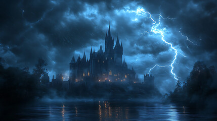 Fototapeta premium Dark gothic castle struck by lightning under stormy skies high resolution picture
