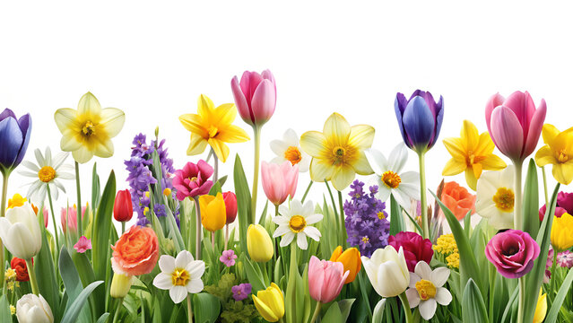 Beautiful spring flower arrangement with tulips, daffodils, daisies, and other colorful blooms isolated on transparent background - Powered by Adobe