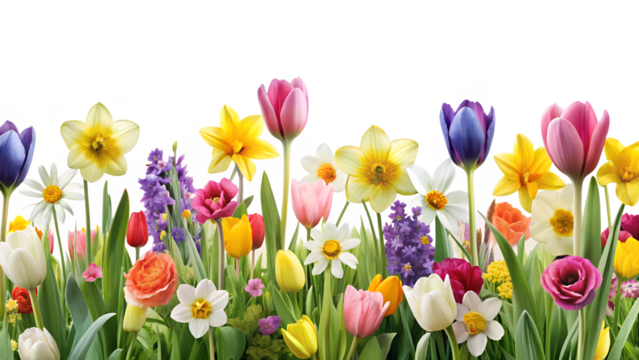 Beautiful spring flower arrangement with tulips, daffodils, daisies, and other colorful blooms isolated on transparent background