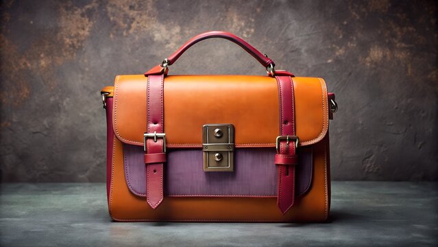 A stylish vintage leather handbag with a classic design, featuring a combination of orange and purple colors and a secure brass clasp, perfect for any occasion
