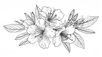 Hand-drawn floral arrangement with detailed petals. Black and white flower outline illustration for coloring or design.