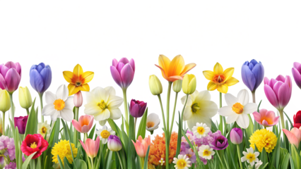 A vibrant spring flower arrangement featuring tulips, daffodils, daisies, and other colorful blooms isolated on transparent background