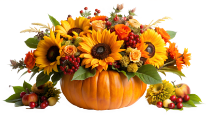 Beautiful autumn floral arrangement in a carved pumpkin, featuring sunflowers, berries, and leaves, isolated on transparent background