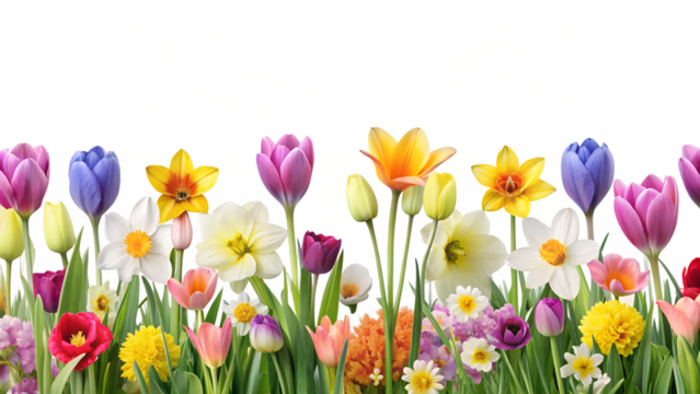 A vibrant spring flower arrangement featuring tulips, daffodils, daisies, and other colorful blooms isolated on transparent background