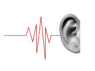 Audio wave and ear. Hearing concept. Modern collage style. Illustration on transparent background