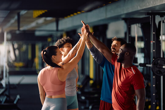 Multiracial group of athletes joining hands in unity after successful sports training in gym.