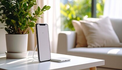 Fototapeta premium Smartphone charging upright on wooden surface beside compact white charger, with potted plant and sunlit greenery visible through window in background.